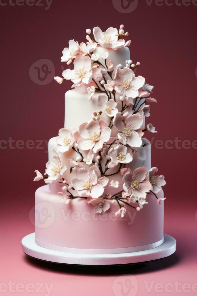 Three-tier elegant wedding cake with delicate edible decorations isolated on a pink gradient background photo