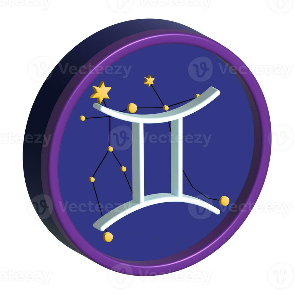 zodíaco firmar Geminis, 3d ilustración, redondo icono en un blanco fondo, aislado. azul Tres dimensional anillo con el astrología símbolo foto