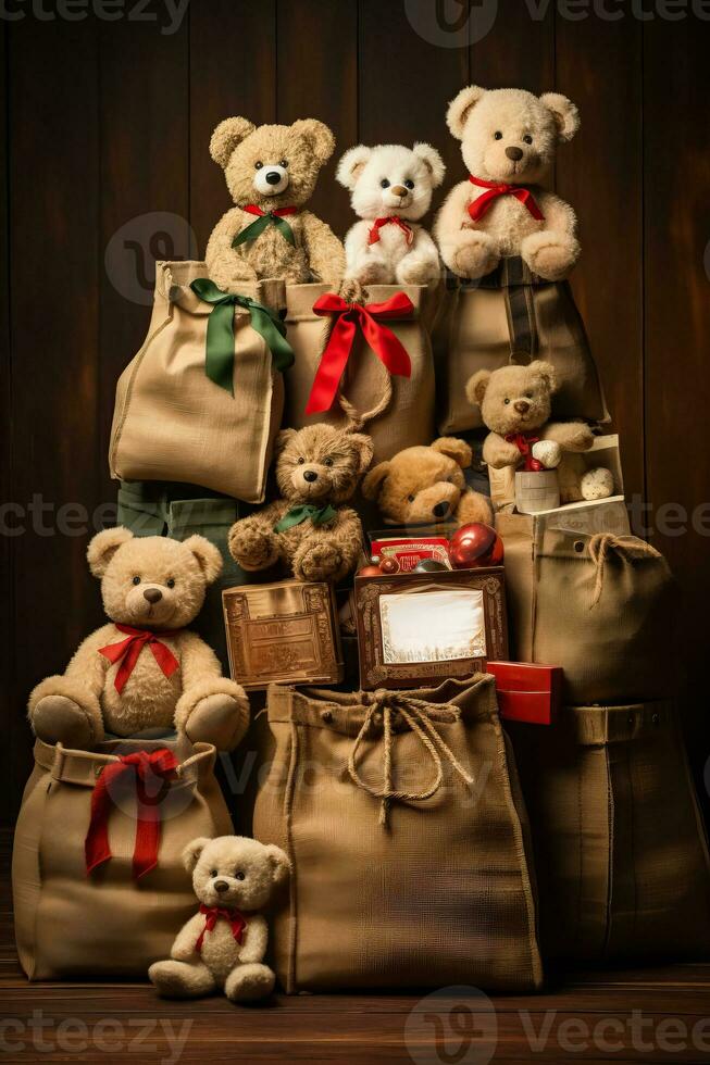 Vintage burlap Christmas sacks filled with old fashioned toys neatly arranged isolated on a rustic brown gradient background photo