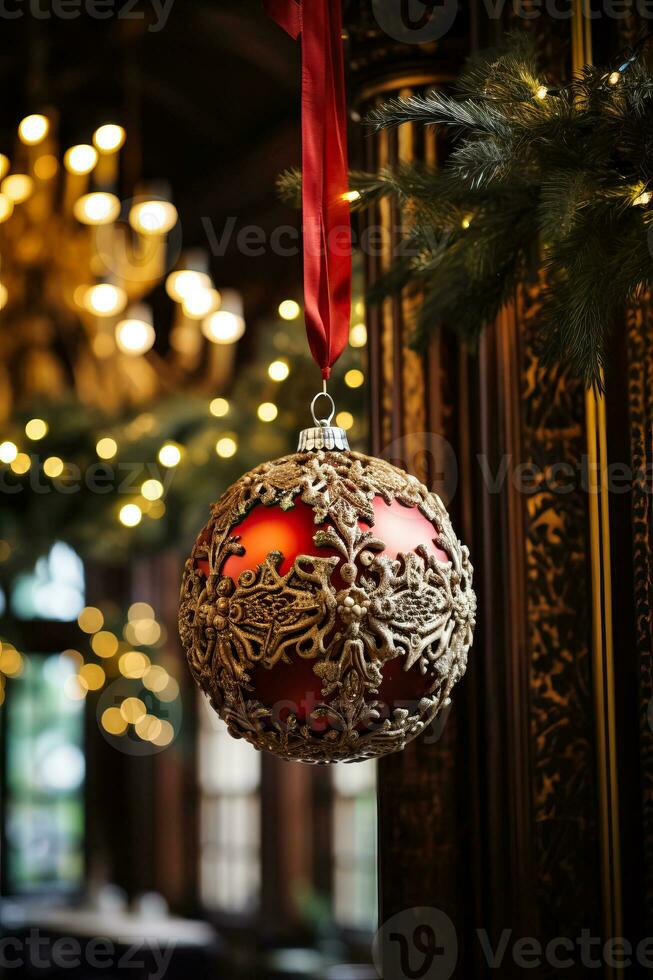 Intricately designed Victorian-era tree decorations exuding historical charm amidst sprigs of holly and fairy lights photo