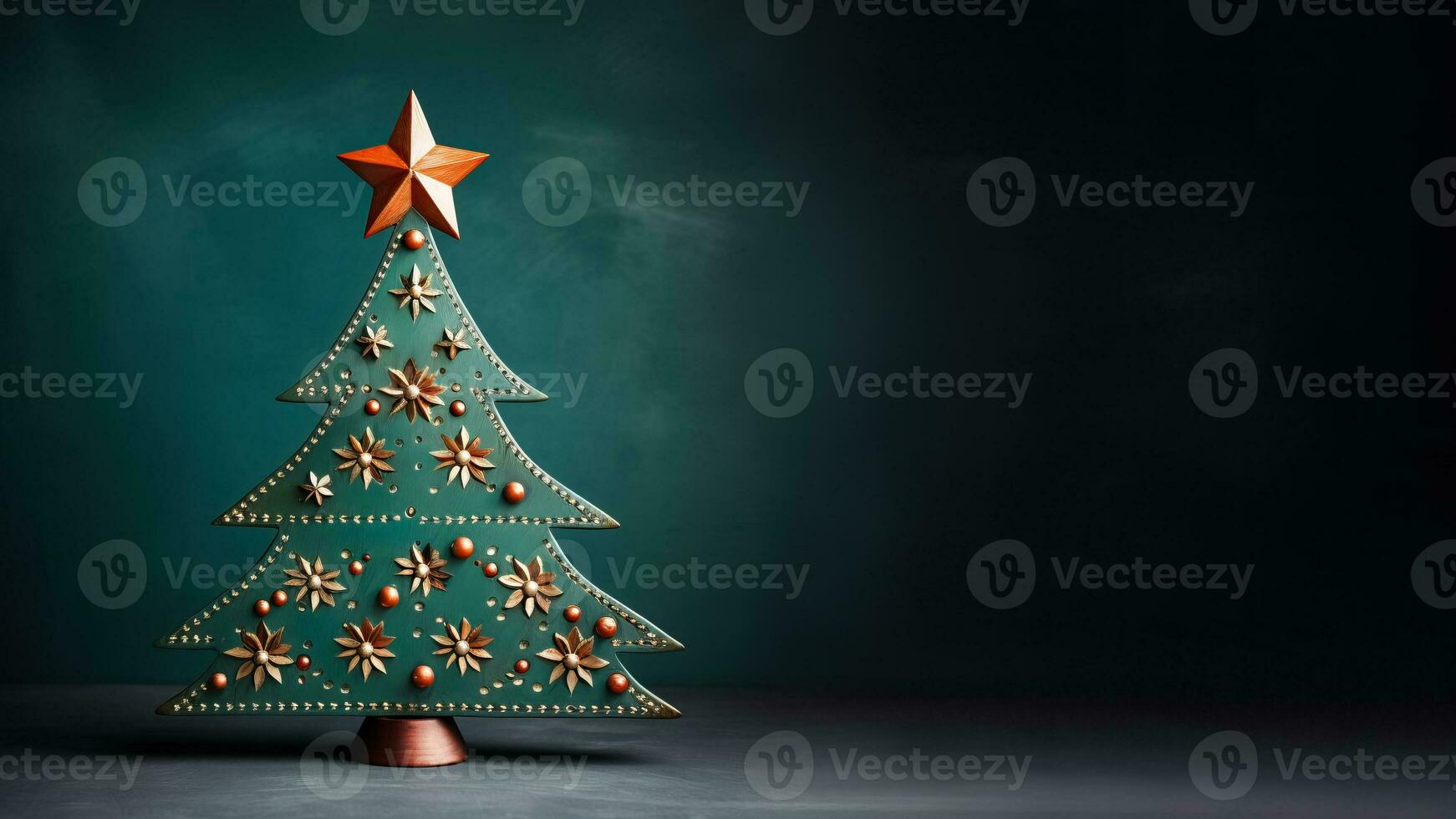Hand-carved wooden Christmas tree adorned with vintage tin star isolated on a pine green to sky blue gradient background photo