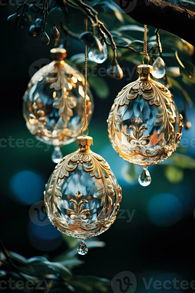 Elegant early 20th century glass ornaments shimmering on a Christmas tree echoing a sense of antiquated festive charm photo