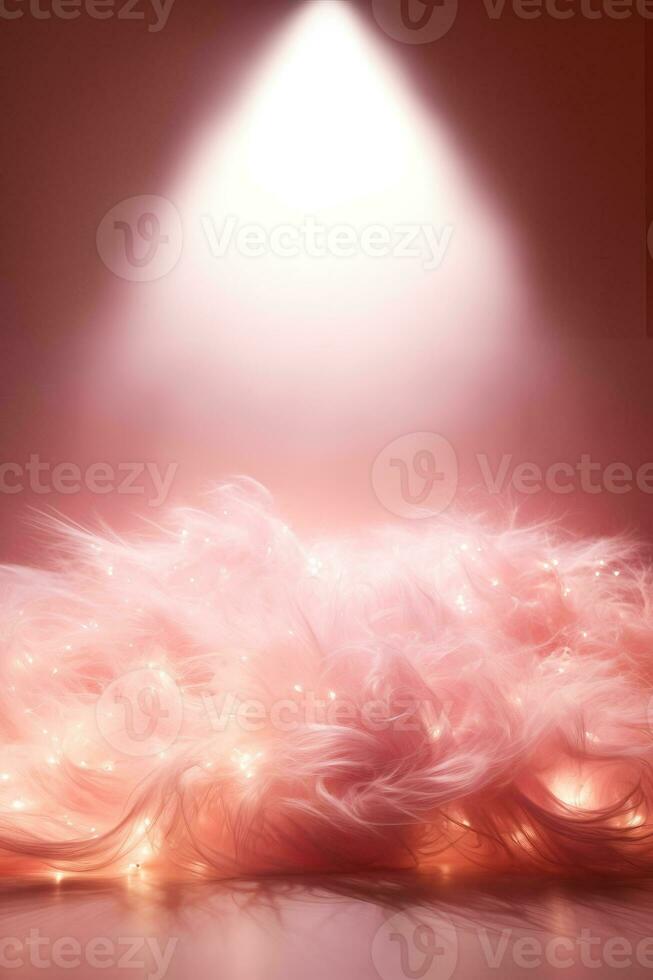 Angel hair snow and tinsel meticulously arranged reflecting the warm lights isolated on a pastel pink gradient background photo