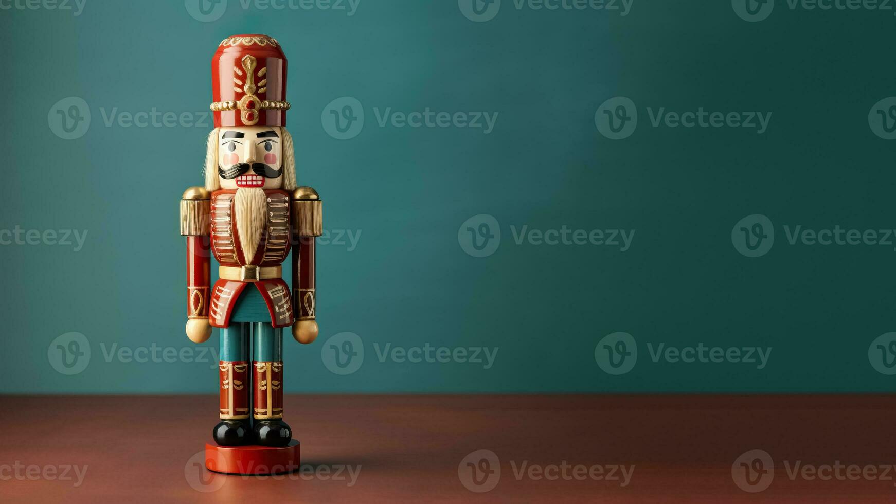 Old-world wooden nutcracker doll crafted with nostalgic detail regally posed isolated on a vintage rosewood gradient background photo