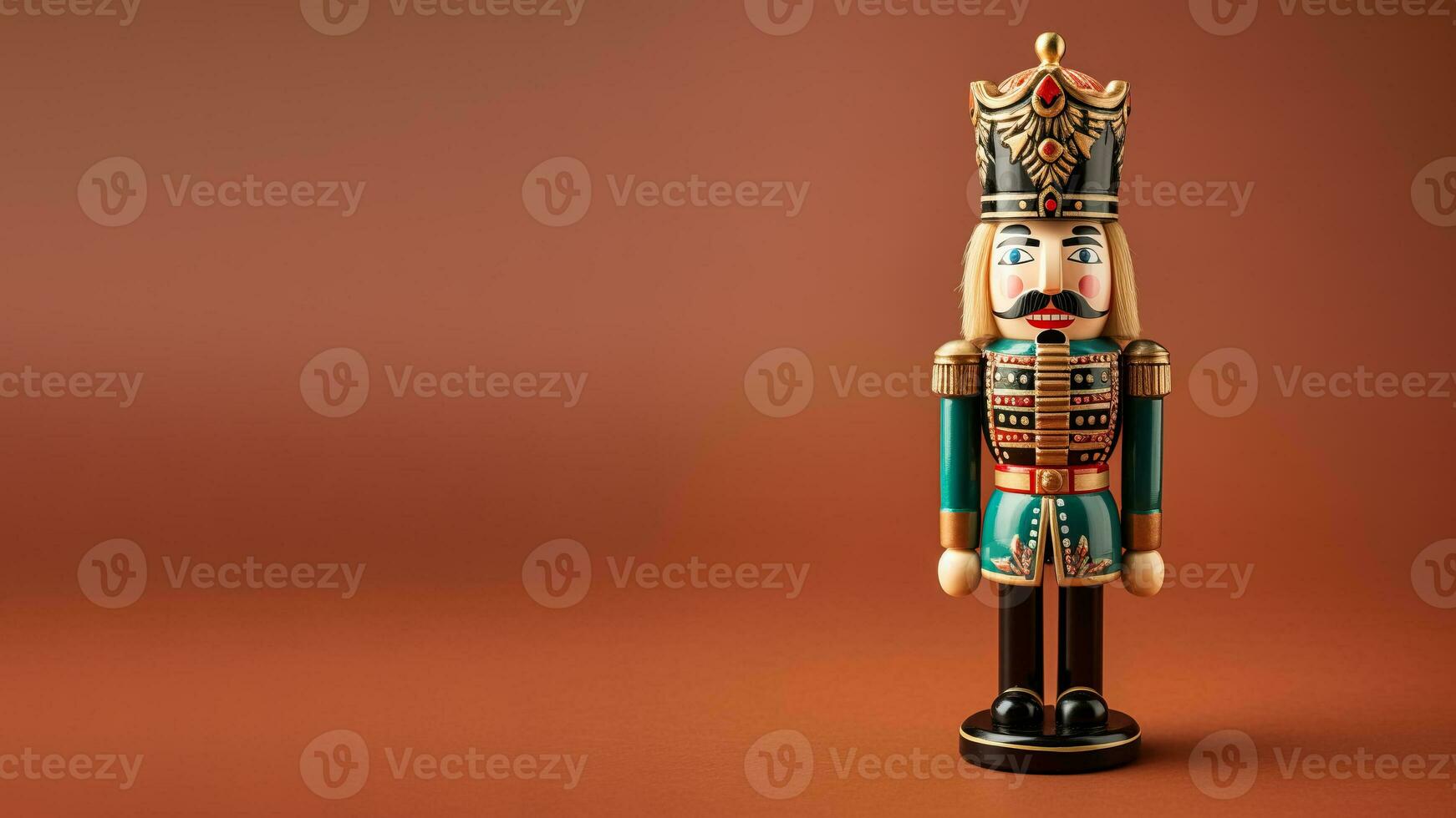 Old-world wooden nutcracker doll crafted with nostalgic detail regally posed isolated on a vintage rosewood gradient background photo