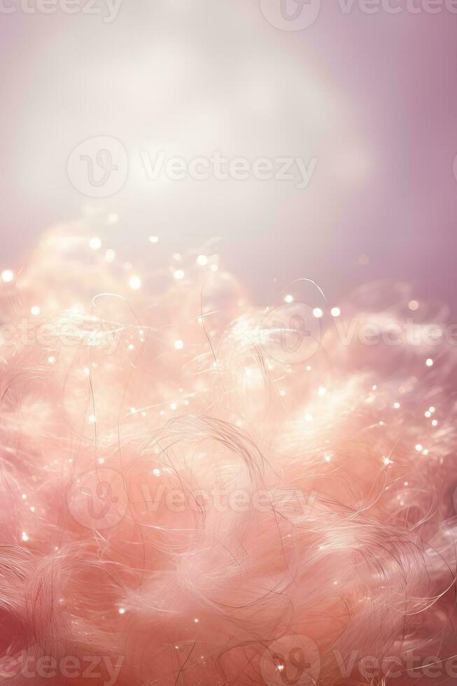 Angel hair snow and tinsel meticulously arranged reflecting the warm lights isolated on a pastel pink gradient background photo