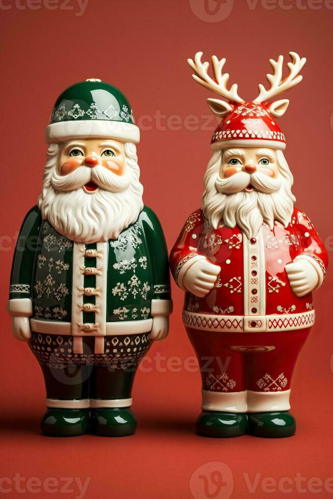 Classic ceramic Santa Claus and reindeer figurines isolated on a festive red and green gradient background photo