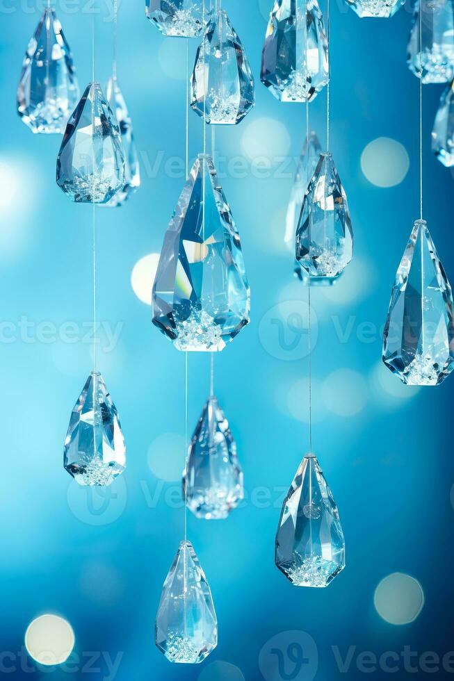 Sparkling glass icicle ornaments catching the ambient light hung delicely isolated on cool-toned winter-blue gradient background photo