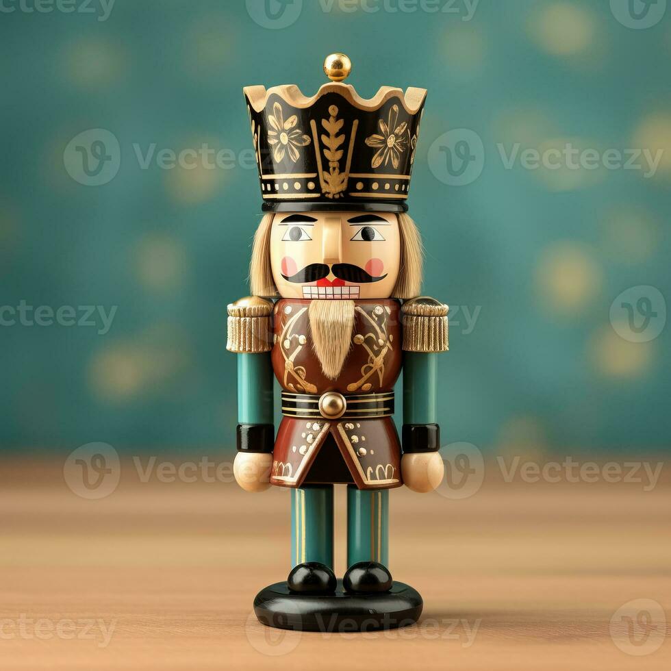 Old-world wooden nutcracker doll crafted with nostalgic detail regally posed isolated on a vintage rosewood gradient background photo