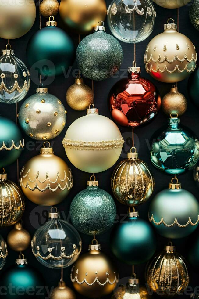 Artfully arranged antique glass Christmas ornaments background with empty space for text photo