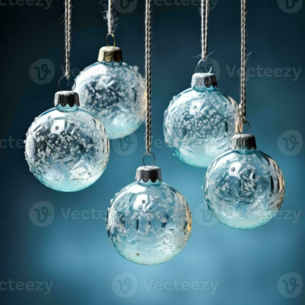 Antique glass ball ornaments kissed with frost hanging isolated on a dusky blue to icy white gradient background photo