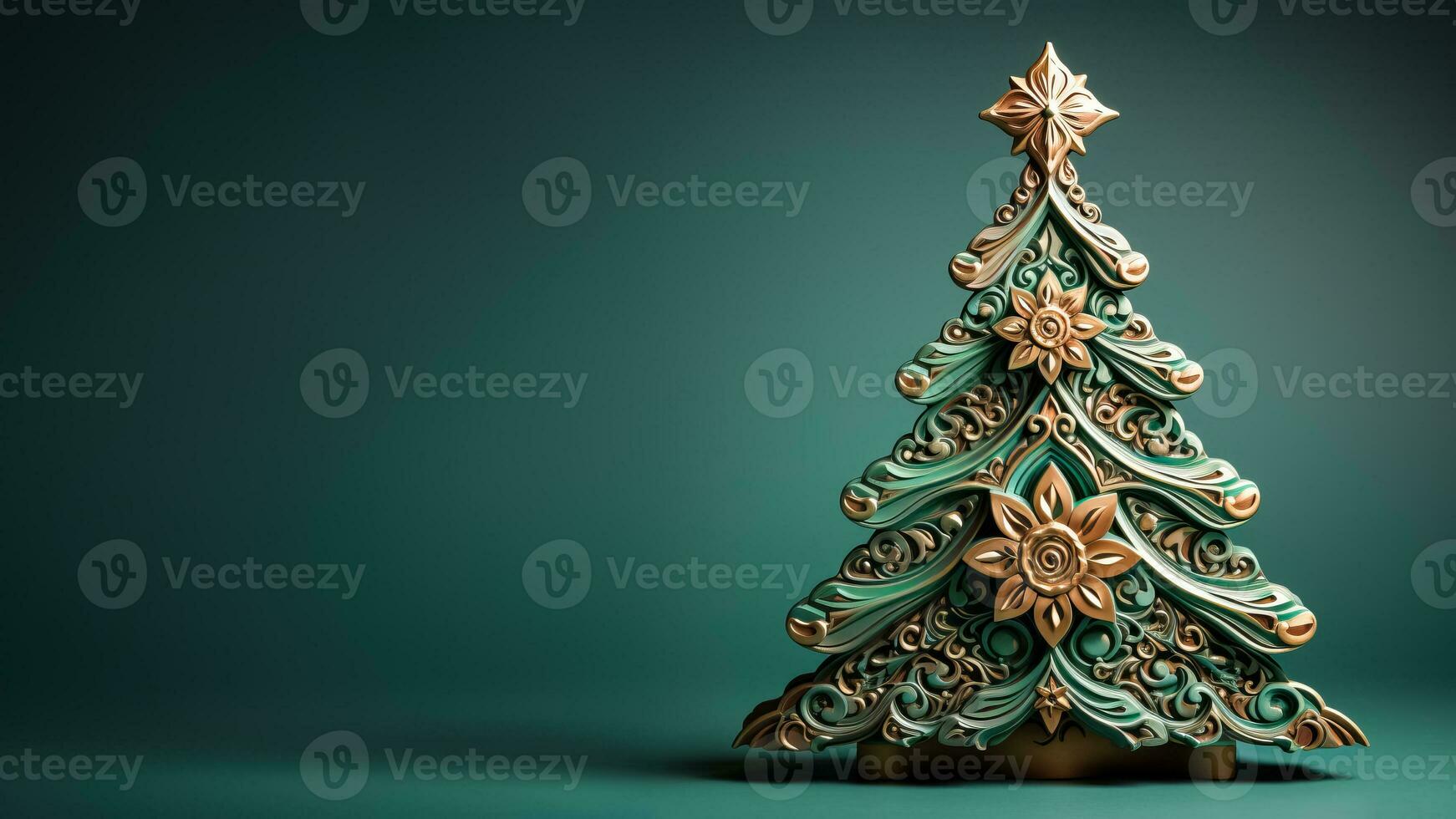 Hand-carved wooden Christmas tree adorned with vintage tin star isolated on a pine green to sky blue gradient background photo