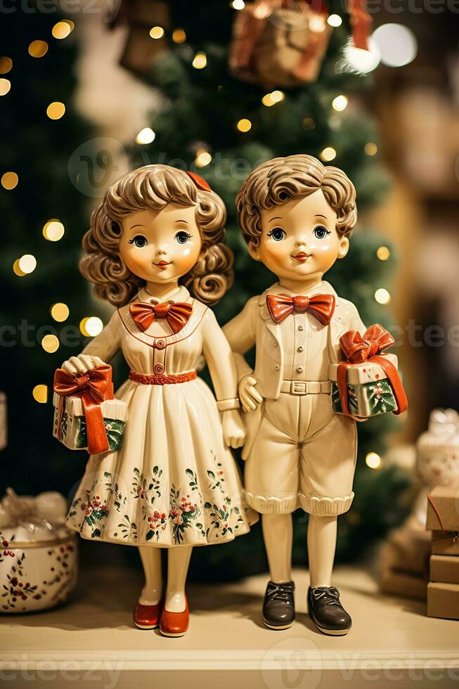 Charming ceramic figurines reflecting a classic vintage Christmas nestled amidst the festive decor photo