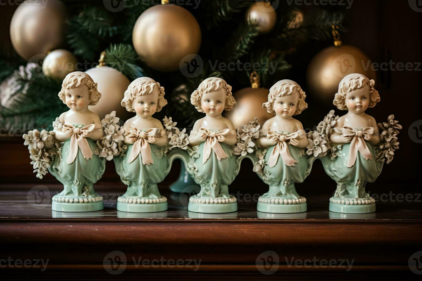 Charming ceramic angels hand-painted and glossed displayed on a mantlepiece reflecting the vintage Yuletide spirit photo