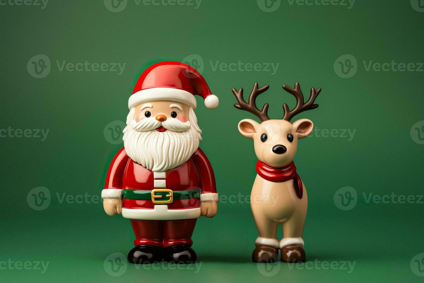 Classic ceramic Santa Claus and reindeer figurines isolated on a festive red and green gradient background photo