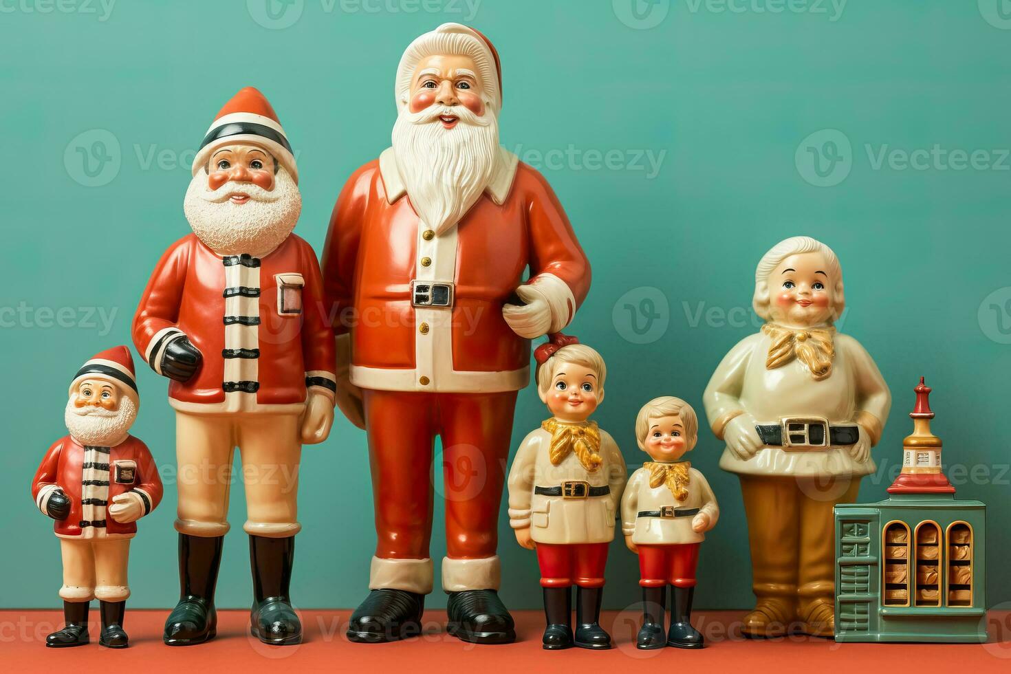 Collections of Santa Claus figurines from the 1950s-1960s evoking a sense of nostalgic charm and holiday spirit photo