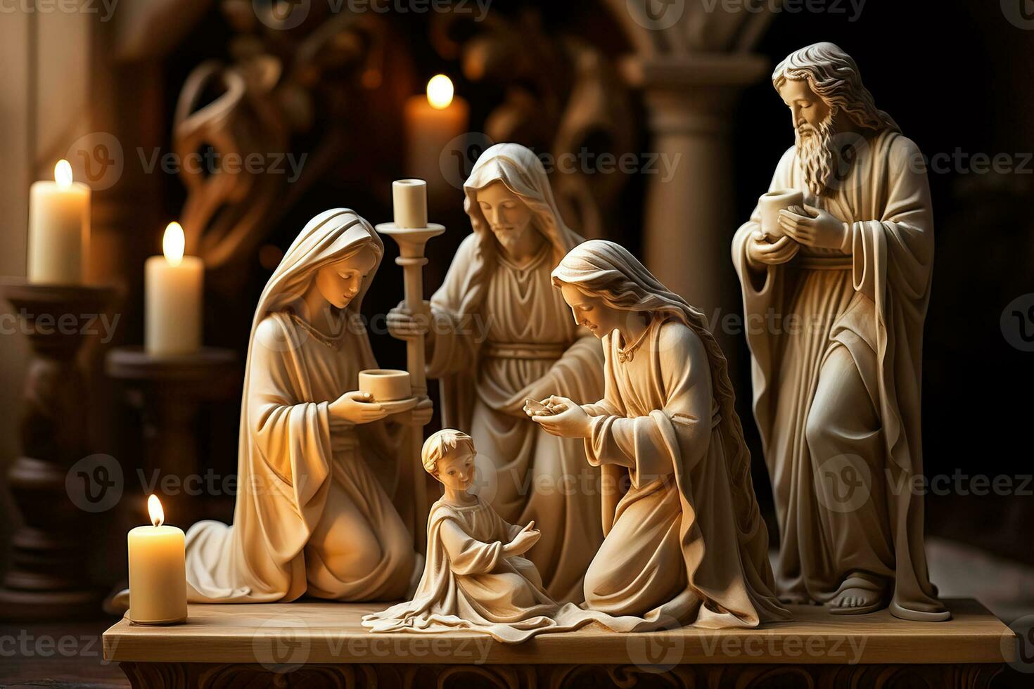 Depiction of a nativity set with hand-carved wooden figurines enacting the biblical Christmas story in a vintage setting photo