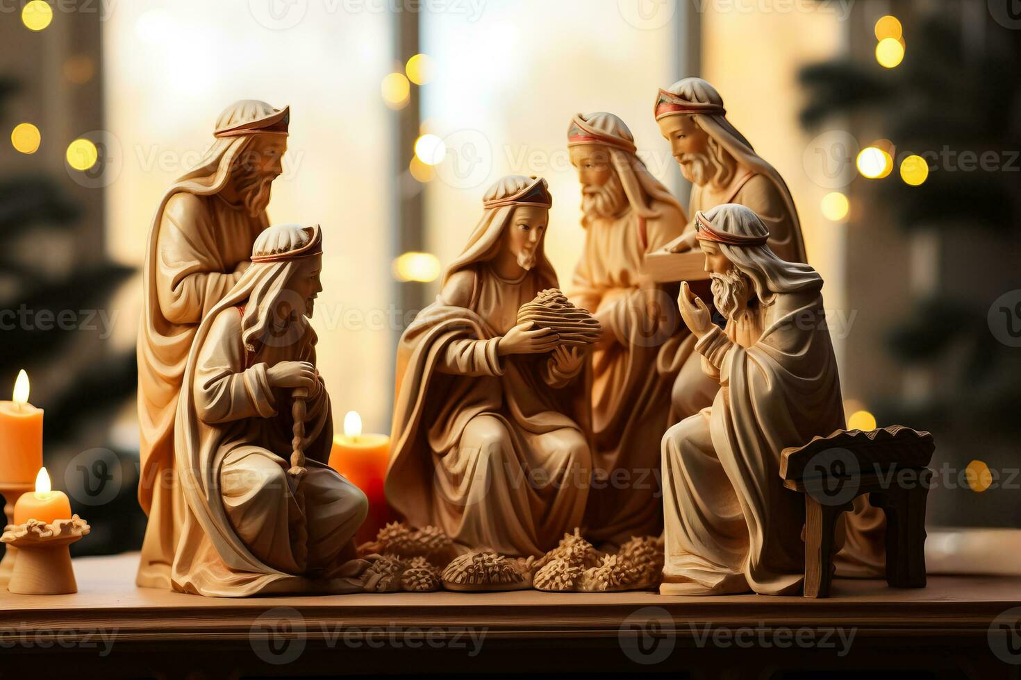 Depiction of a nativity set with hand-carved wooden figurines enacting the biblical Christmas story in a vintage setting photo