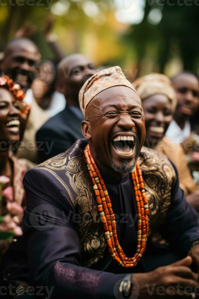 Joyous laughter fills the air as wedding guests celebrate the newlyweds blissful union photo