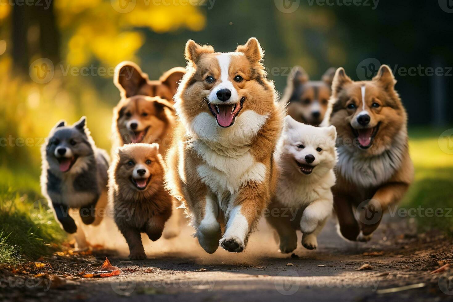 A joyful moment captured Adorable puppies romp with their proud parent dogs in a vibrant park setting photo
