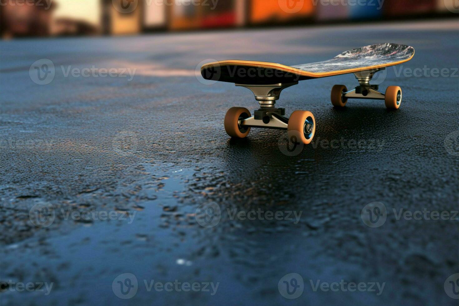 Wheels of a skateboard meeting the textured embrace of city asphalt AI Generated photo