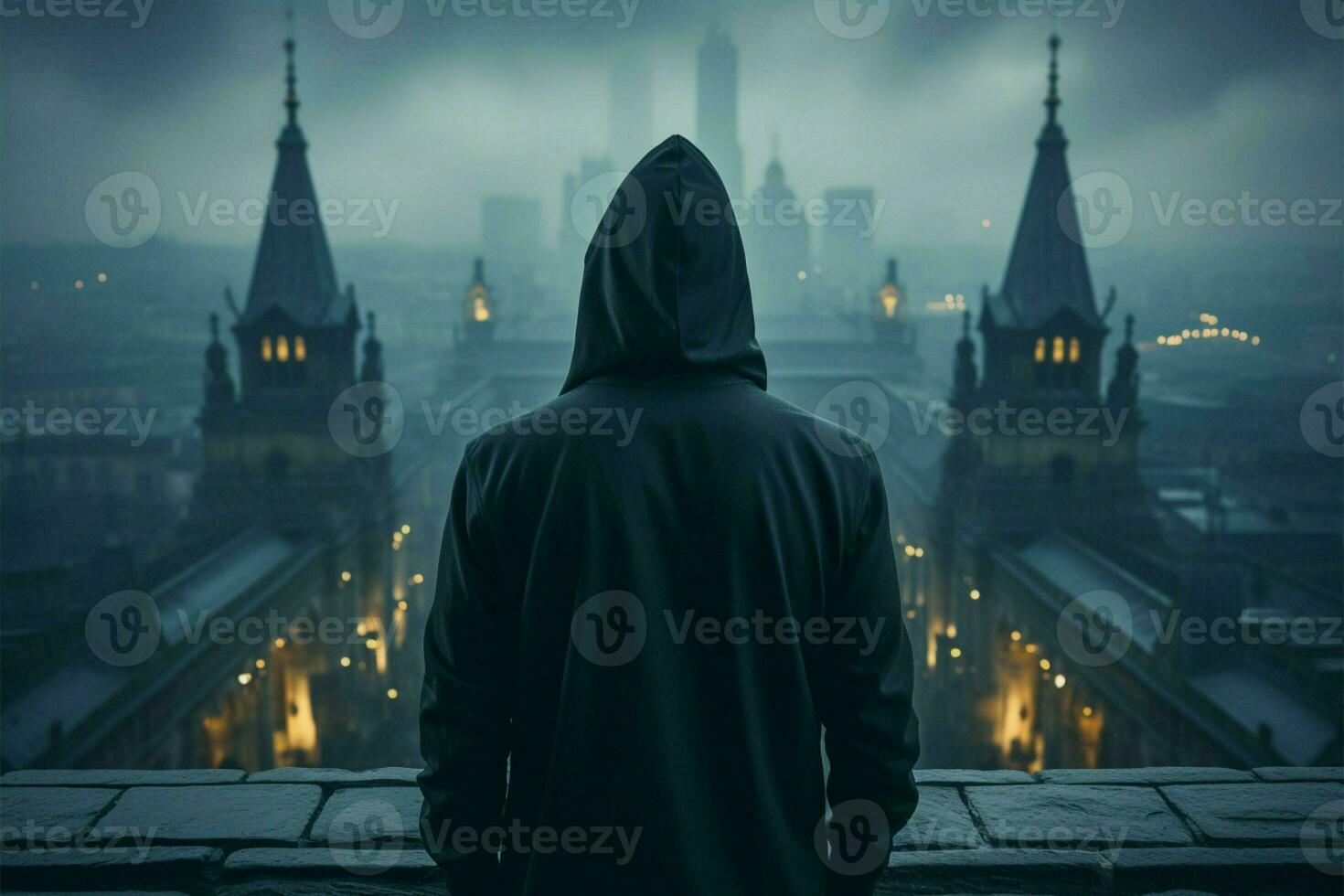 Enigmatic man in hood on rooftop, identity hidden, accompanied by void space AI Generated photo