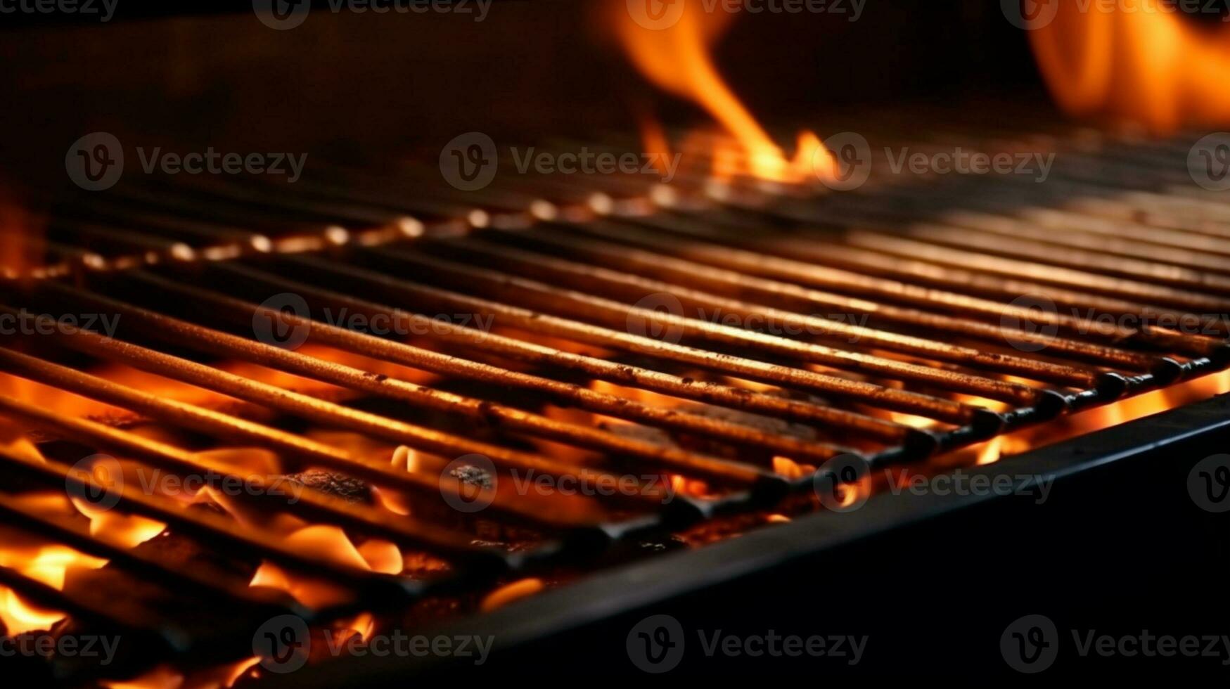 Fiery cooking scene, Empty grill with intense flames, perfect for barbecuing. AI Generated photo