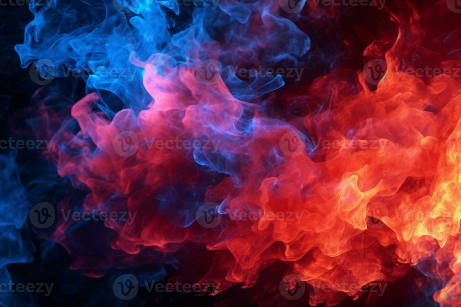 intenso rojo y azul fuego ilumina el negro antecedentes. ai generado foto