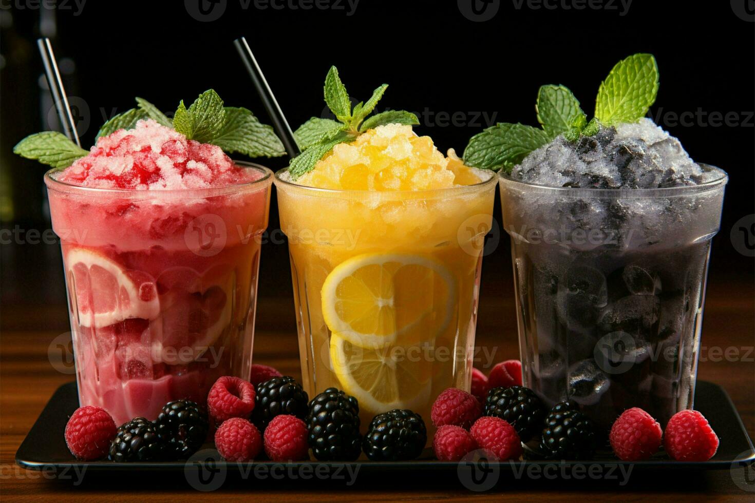 Vibrant icy fruit slush, chilled in cups Colorful refreshment, frozen delight AI Generated photo