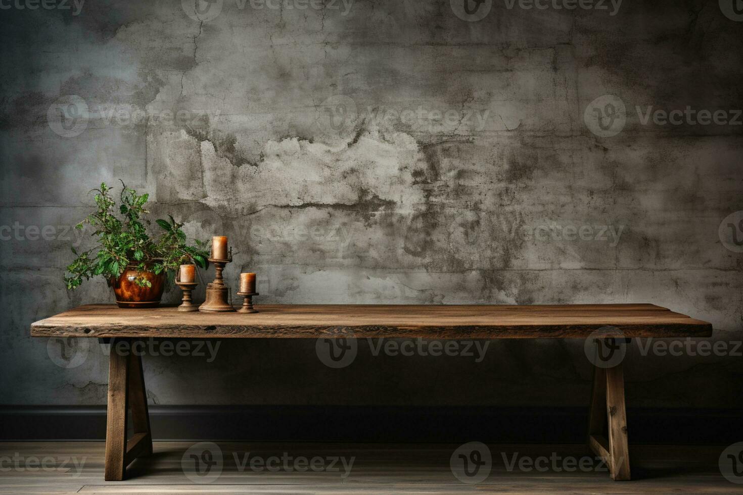 rústico madera mesa superficie complementado con grunge hormigón texturizado pared ai generado foto