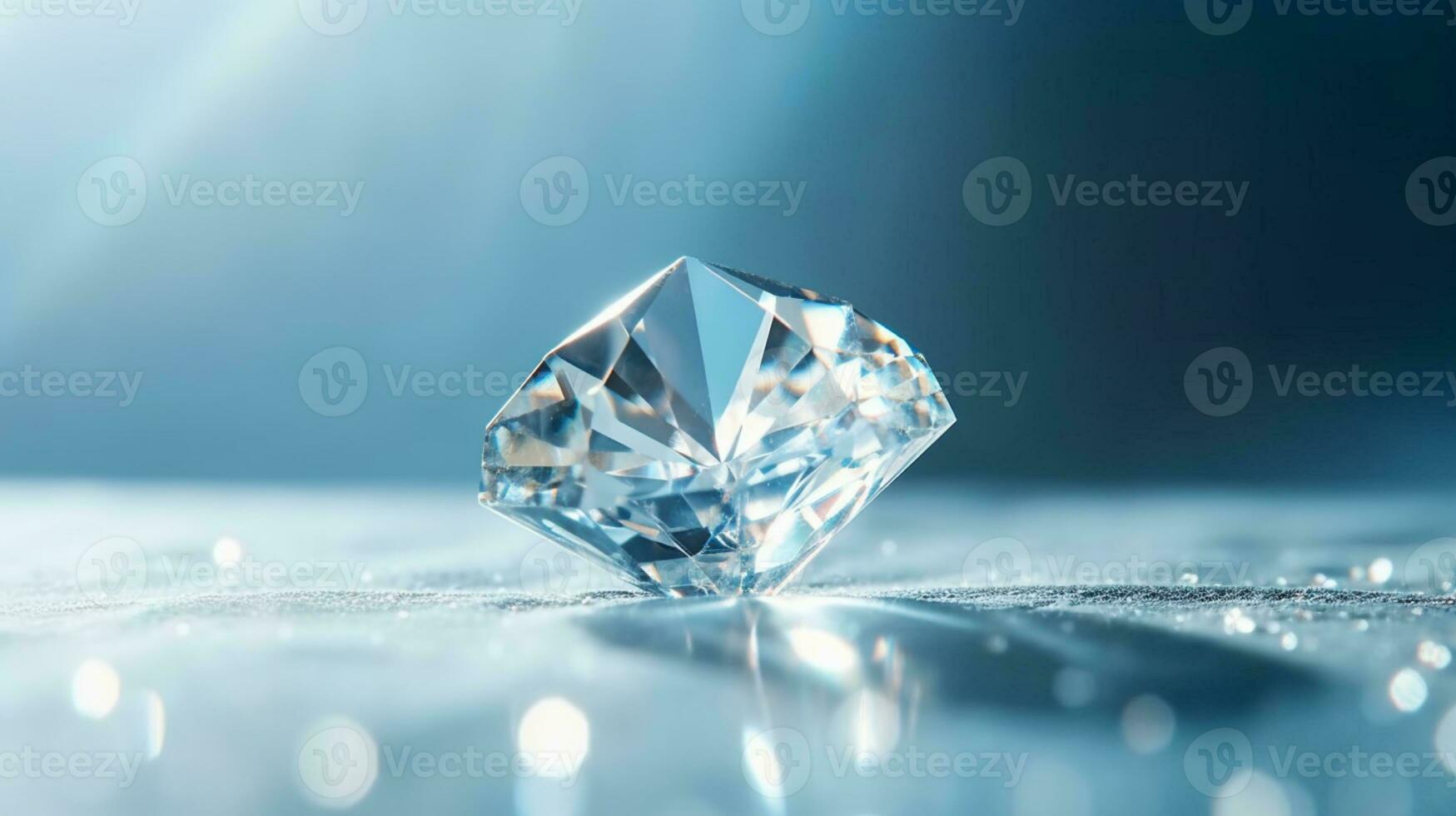 Beautiful diamond on shiny light blue background, closeup. Space for text AI Generated photo