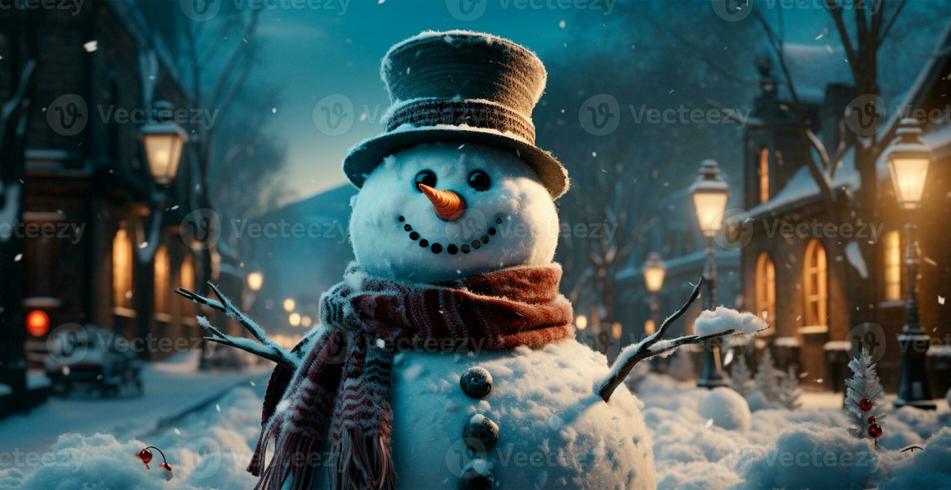 Festive New Year's snowman, Christmas background postcard - AI generated image photo