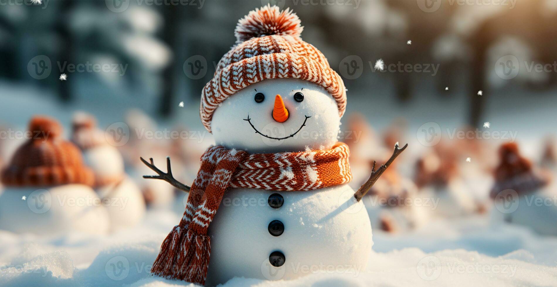 Festive New Year's snowman, Christmas background postcard - AI generated image photo