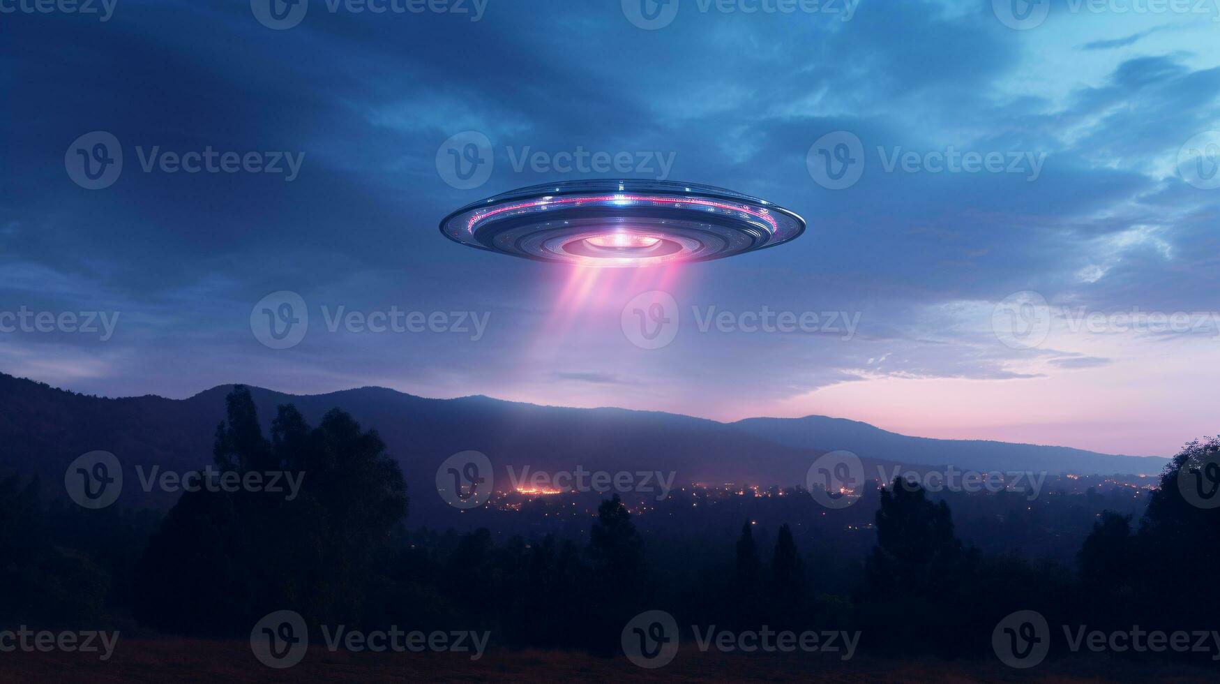 Mysterious UFO sighting in the twilight sky emitting an iridescent glow and mesmerizing light patterns AI Generative photo