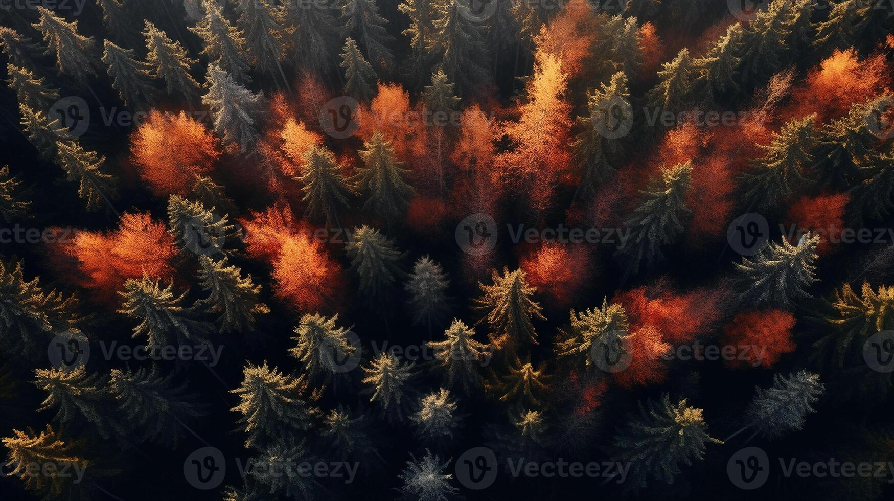 Aerial view of an enchanting autumn forest with vibrant hues of orange, red, and gold photo