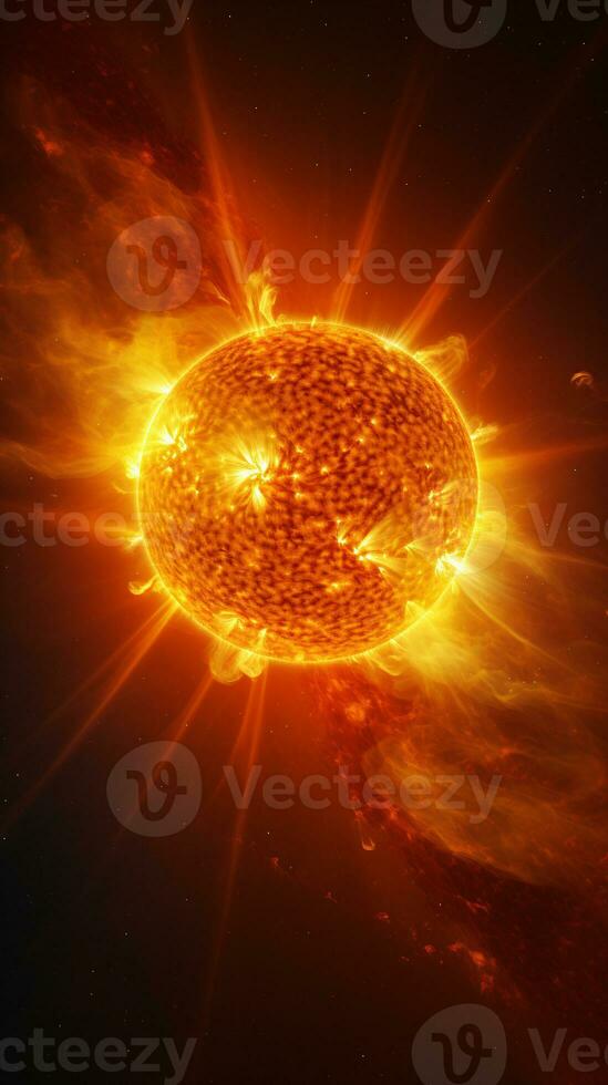 Hyper-realistic image of the sun's surface showcasing the raw power of erupting solar flares AI Generative photo