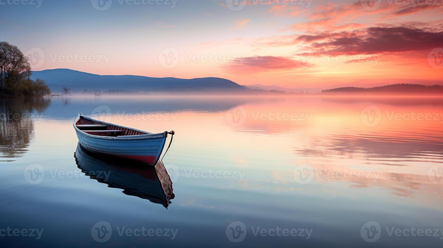 Peaceful dawn over a calm lake with a solitary rowing boat in the distance photo