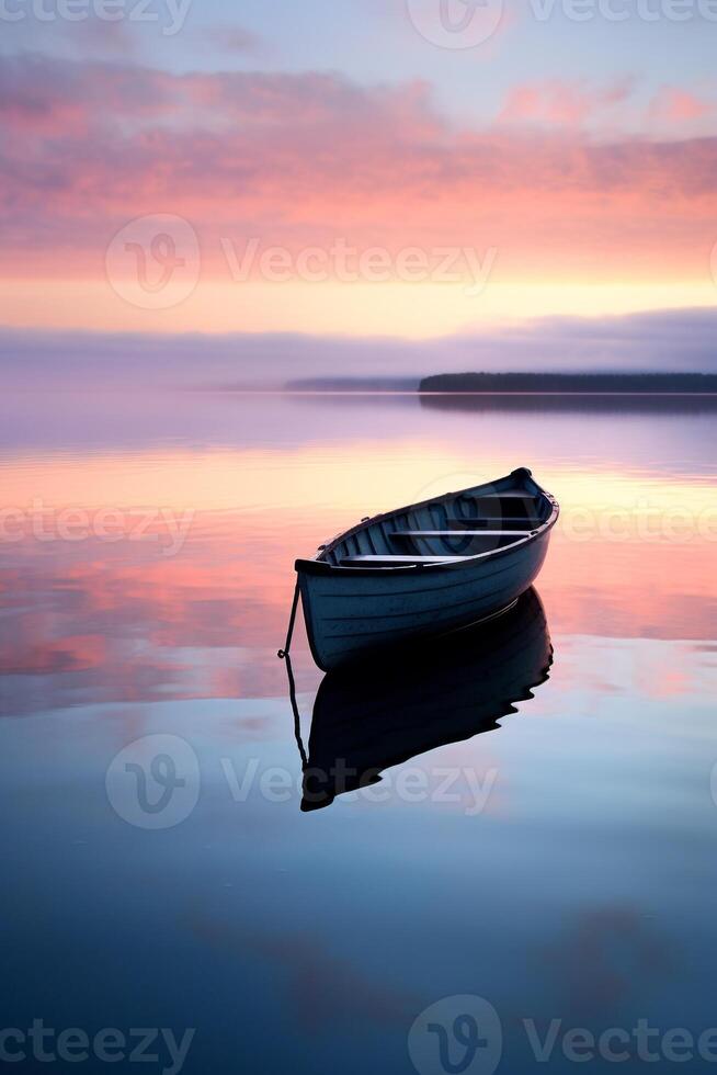 Peaceful dawn over a calm lake with a solitary rowing boat in the distance photo