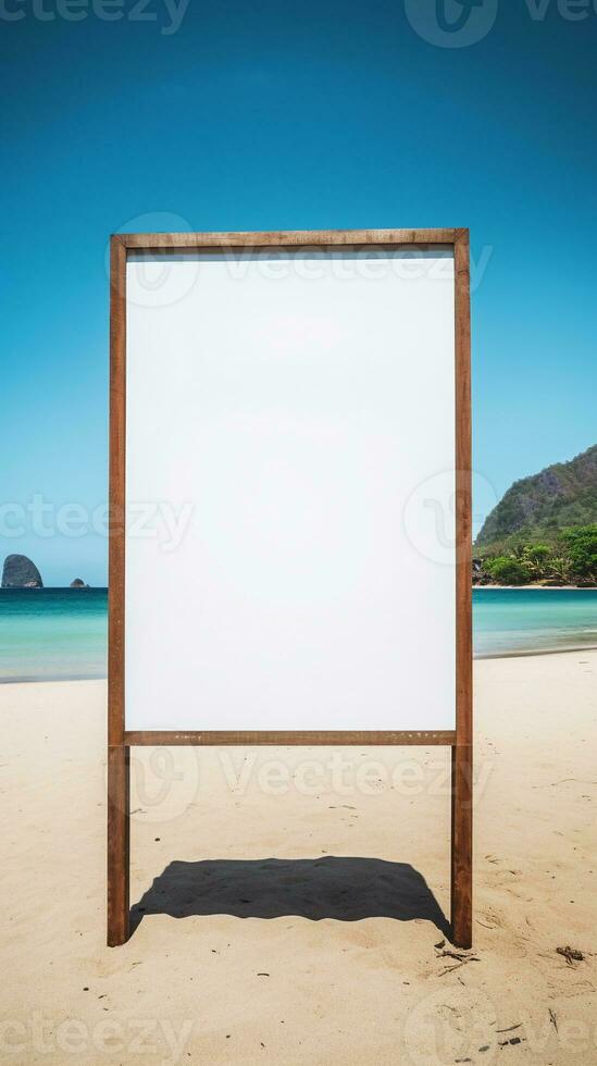 Striking image of a blank billboard frame on a desolate beach, endless advertising possibilities AI Generative photo