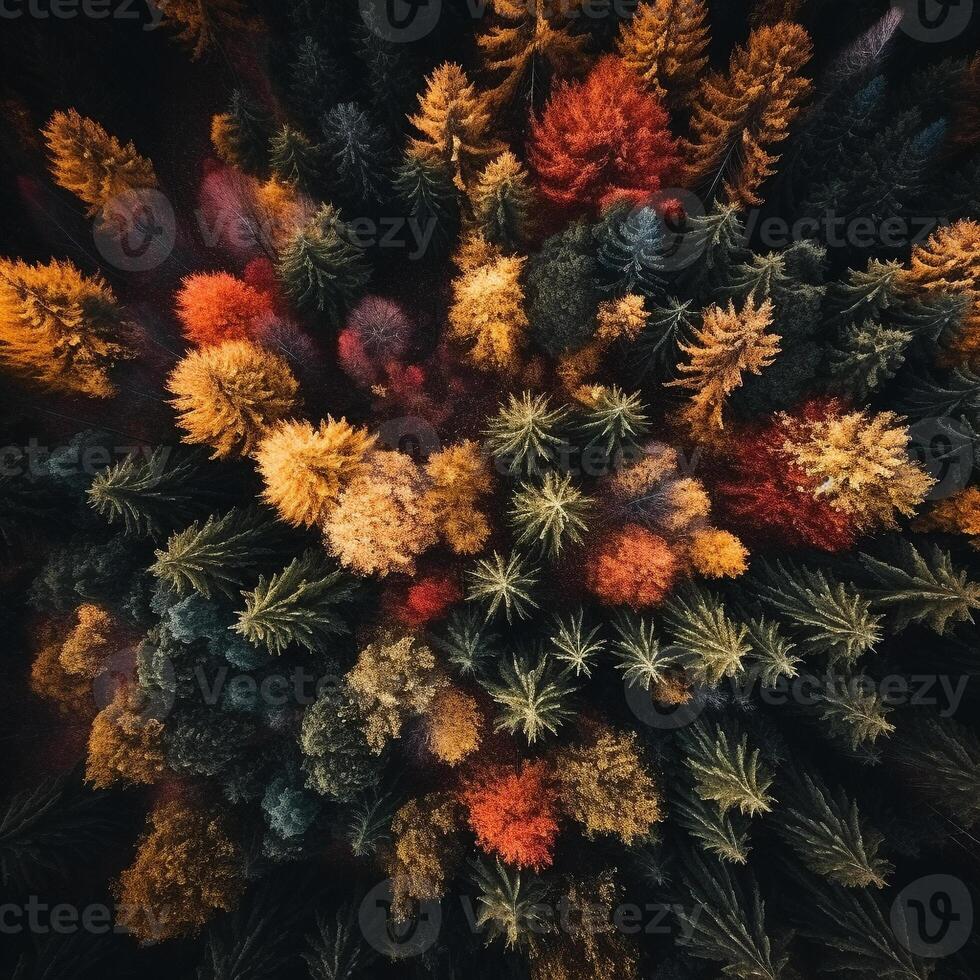 Aerial view of an enchanting autumn forest with vibrant hues of orange, red, and gold photo