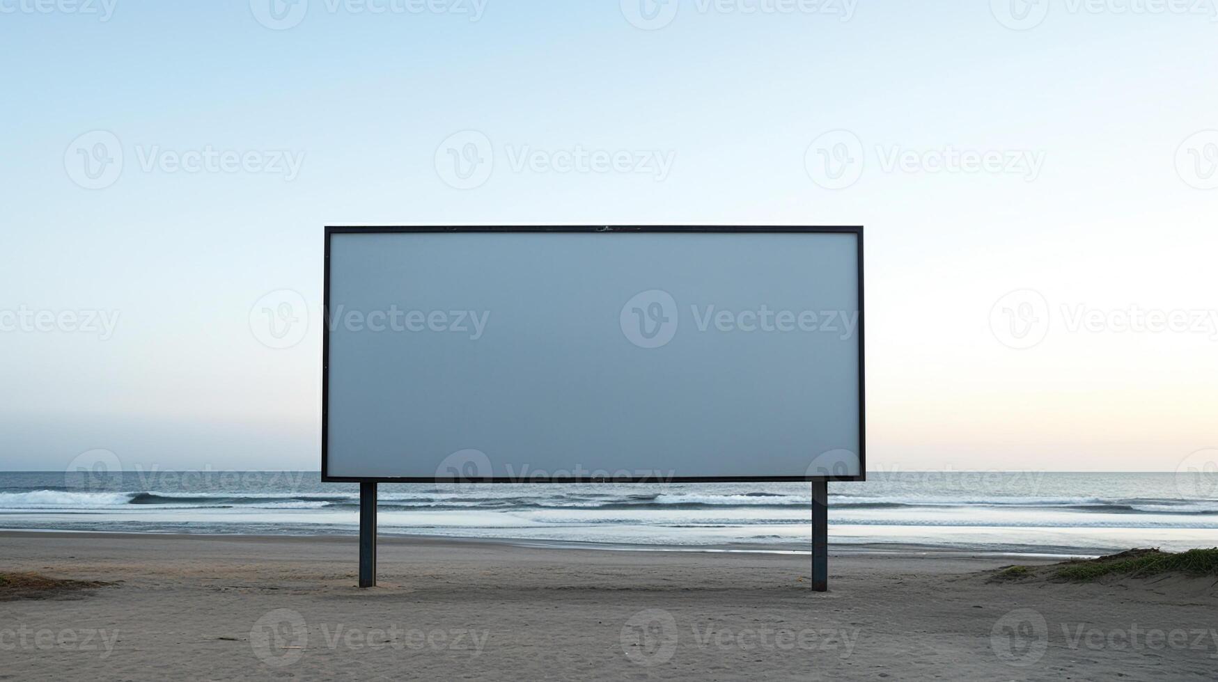 Striking image of a blank billboard frame on a desolate beach, endless advertising possibilities AI Generative photo