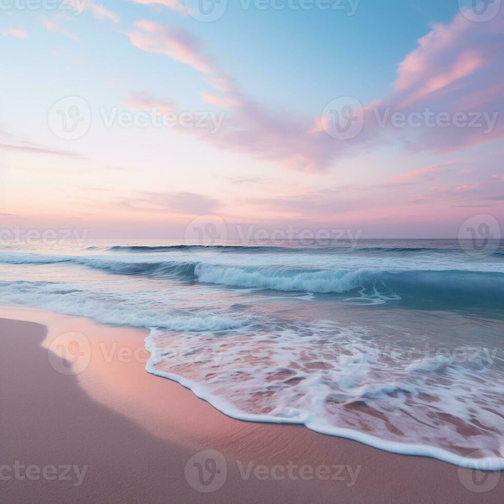 tranquilo playa escena a crepúsculo con suave puesta de sol colores mezcla dentro cielo para amplio Copiar espacio ai generativo foto