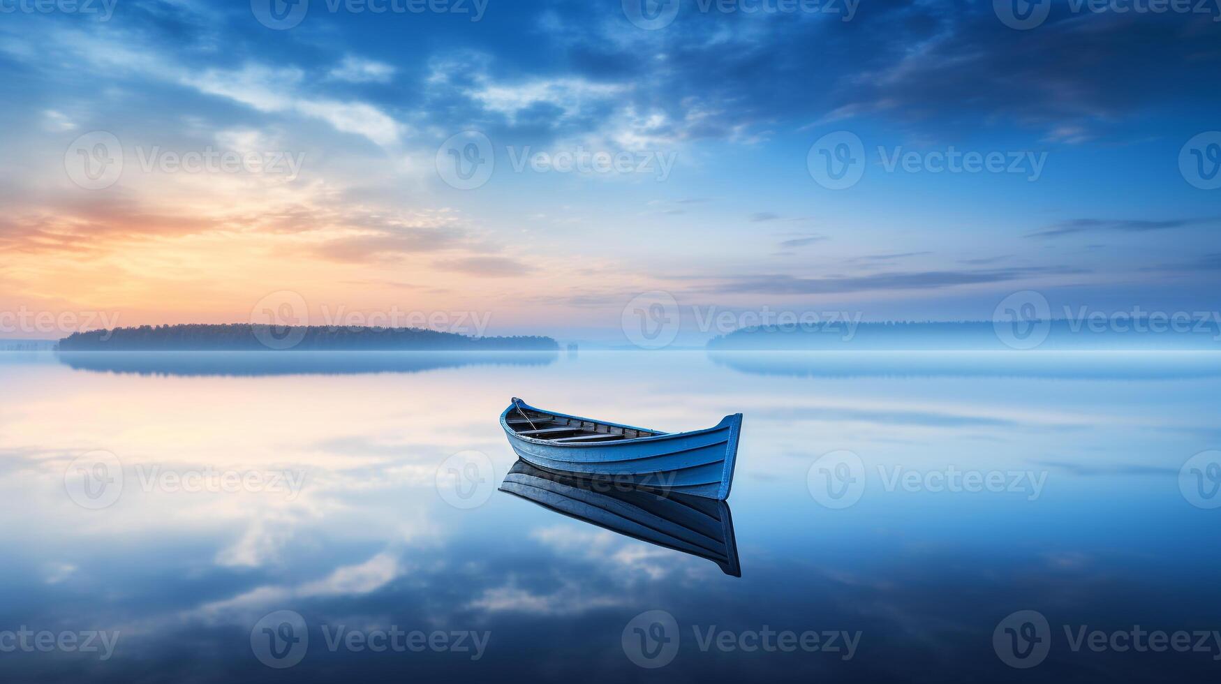 Peaceful dawn over a calm lake with a solitary rowing boat in the distance photo