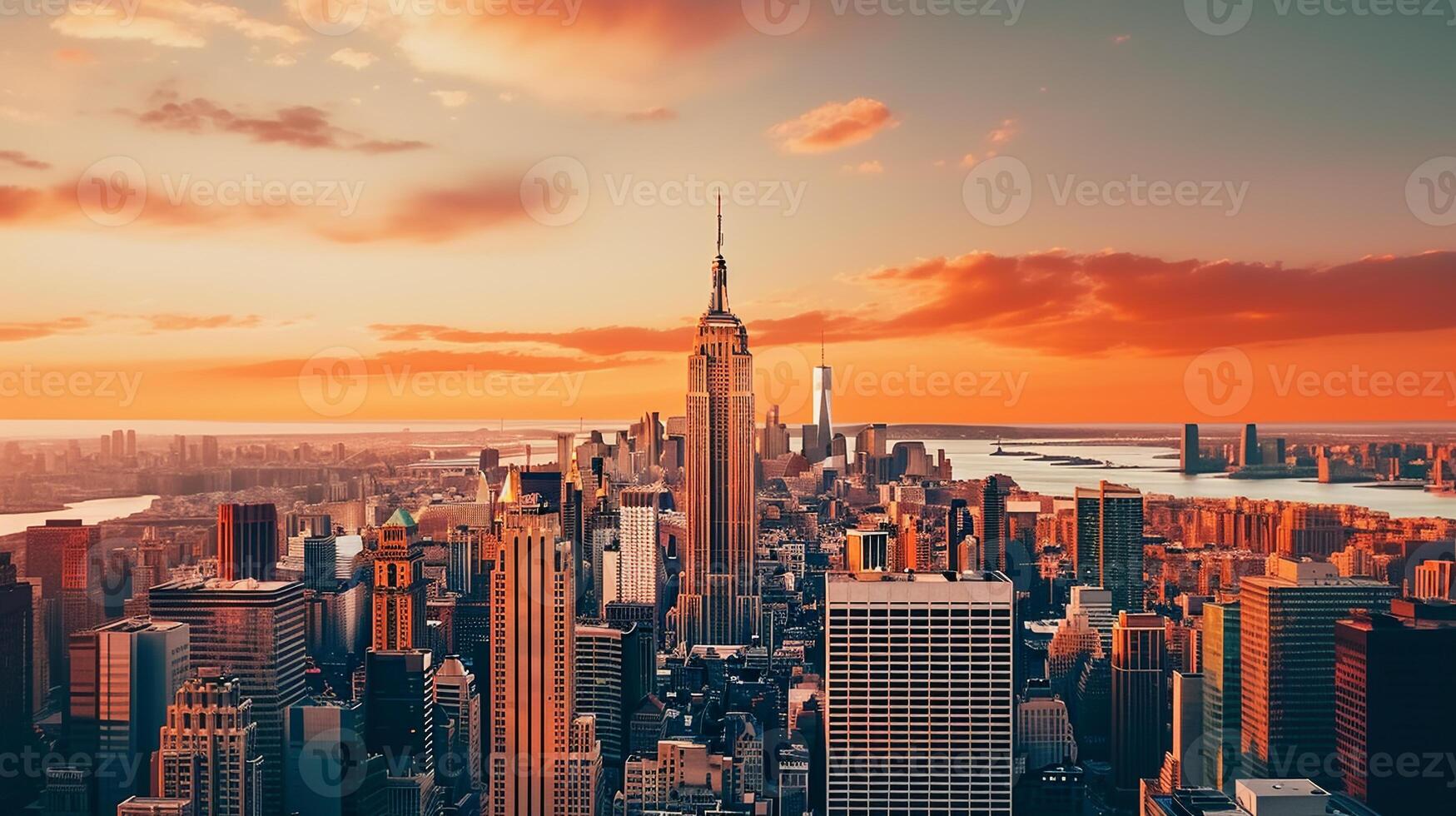 Vibrant panoramic cityscape of New York at sunset with iconic skyscrapers and generous copy space photo