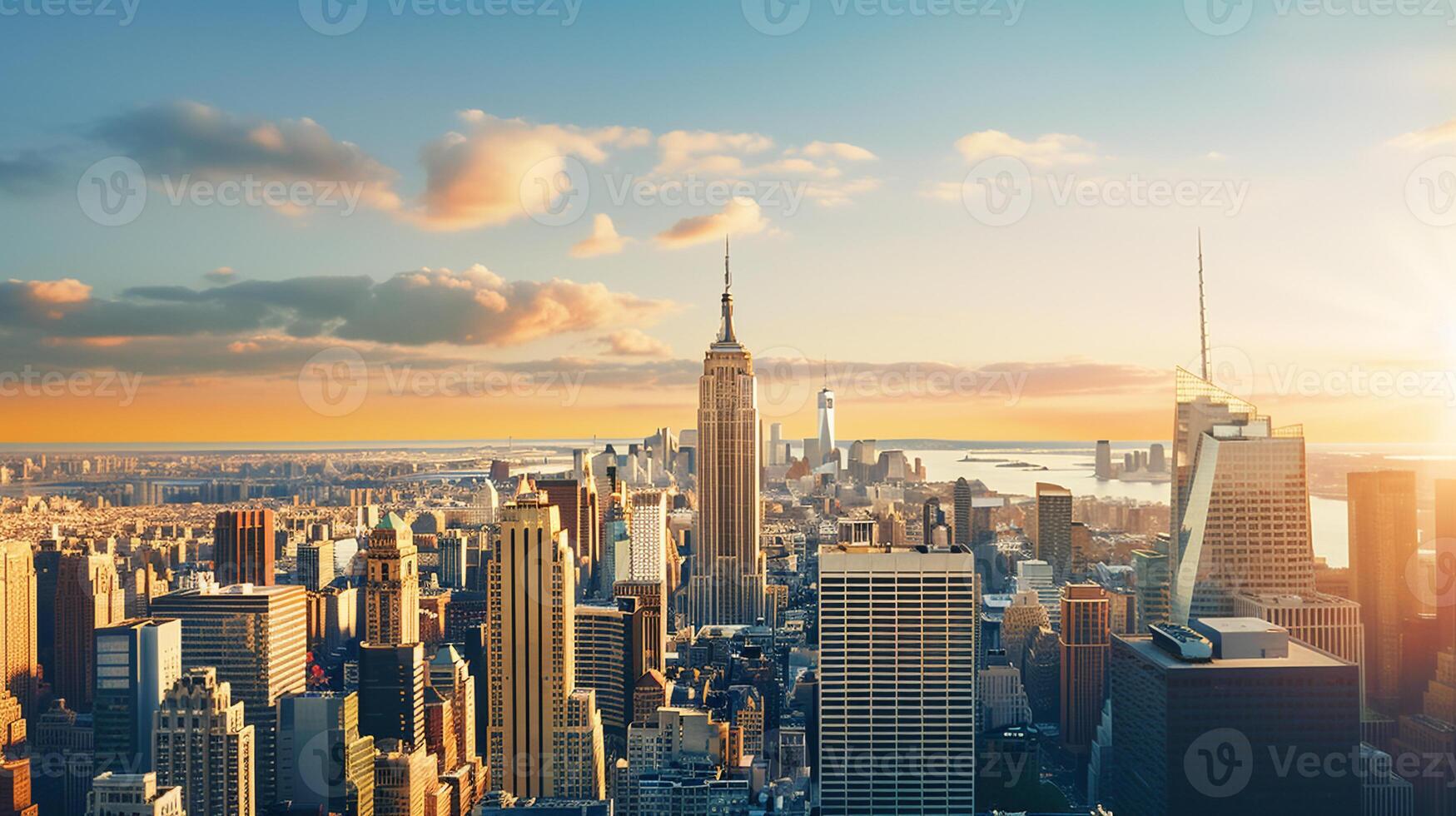 Vibrant panoramic cityscape of New York at sunset with iconic skyscrapers and generous copy space photo