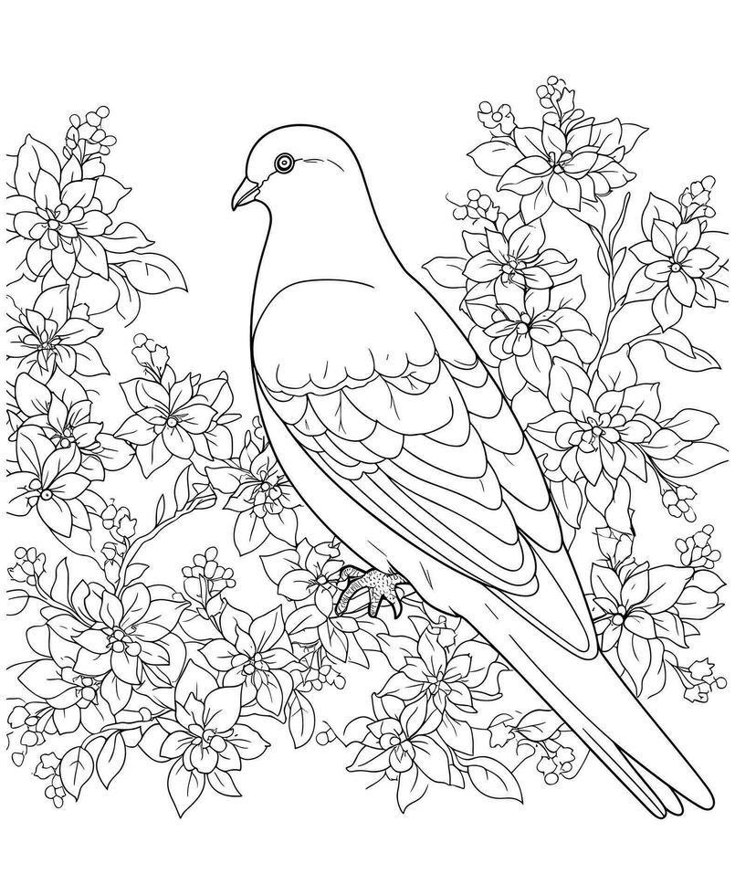 Pigeon flowers tree coloring page vector