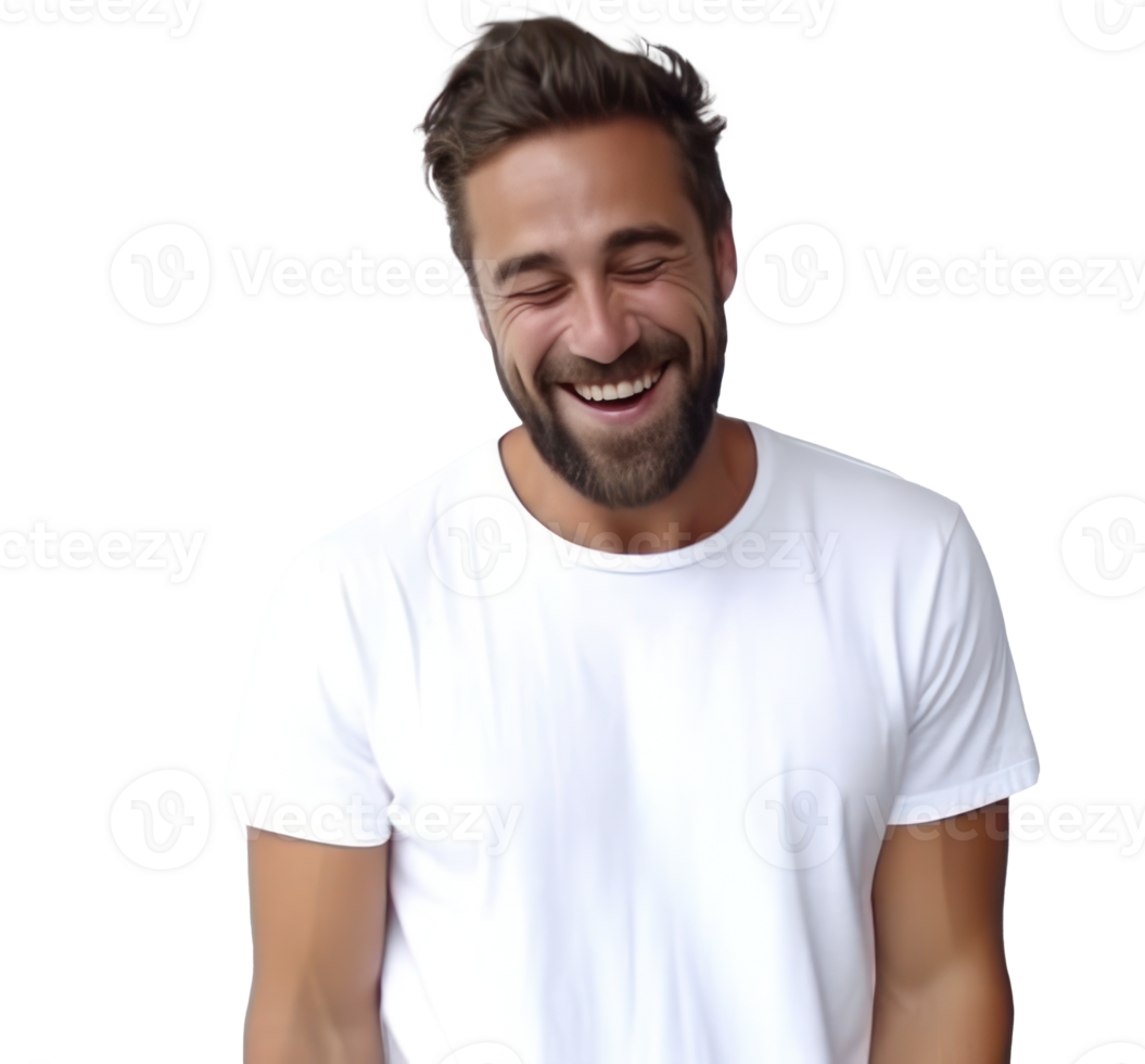 man laughing smiling as he wears white tshirt png