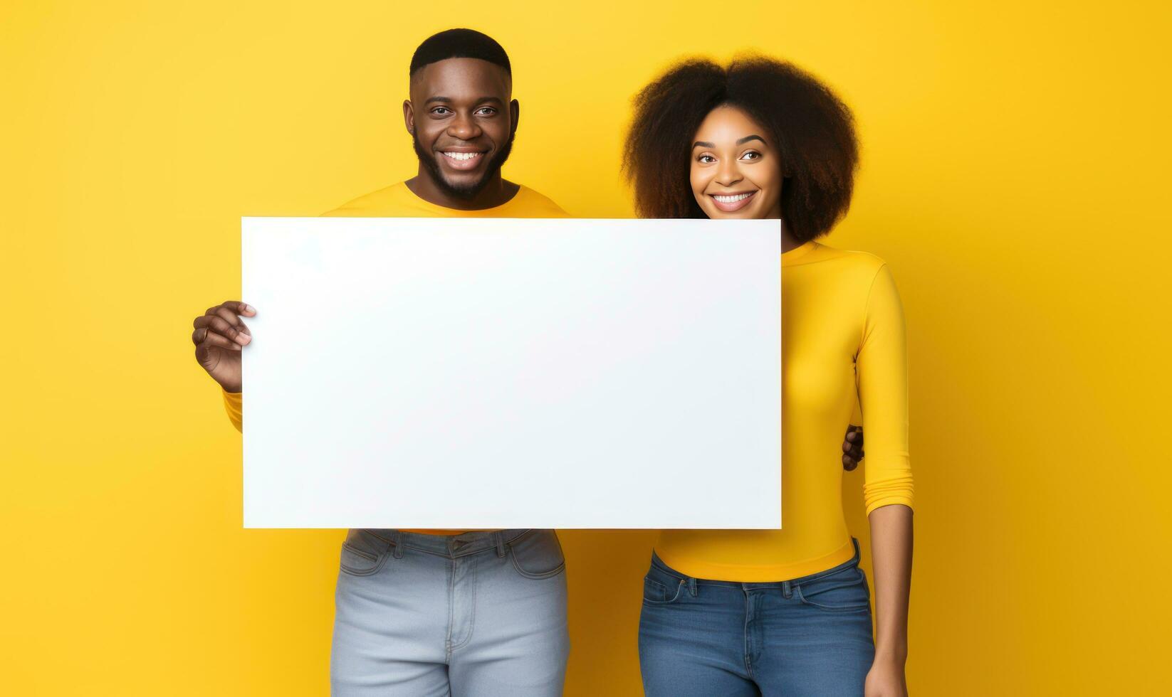 negro Pareja sonriente y demostración blanco tablero foto