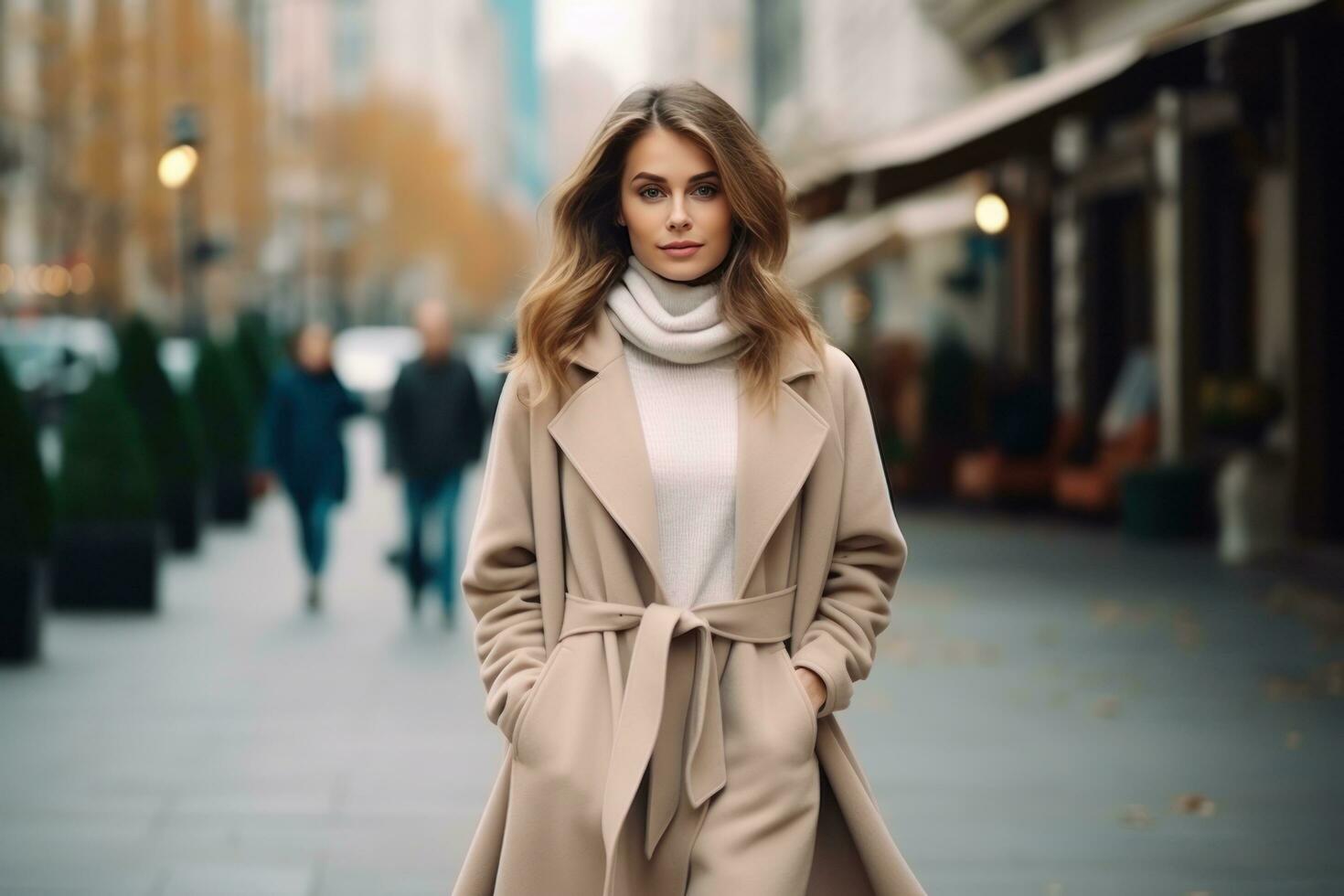 young woman wearing a beige coat and walking on a street. photo