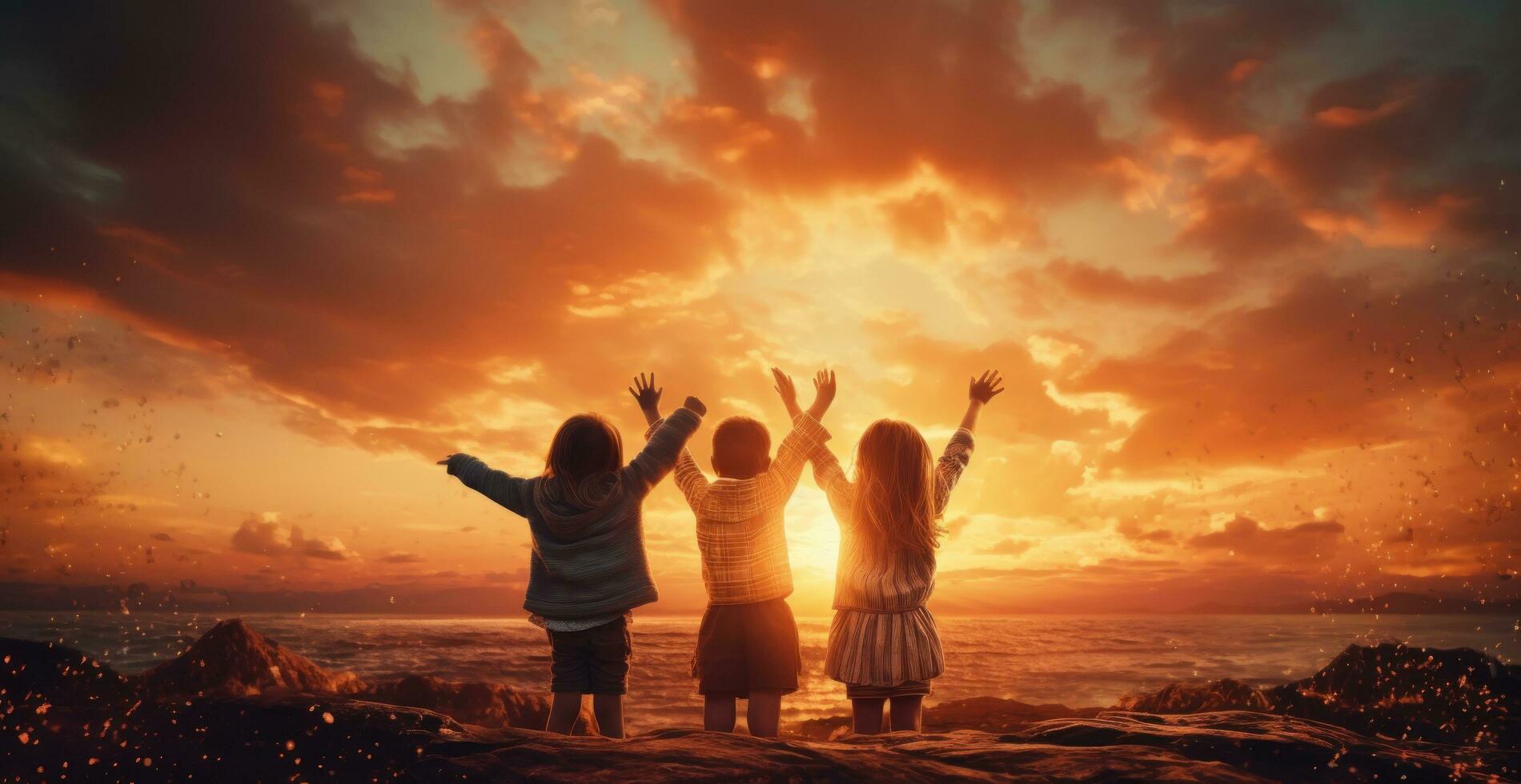 an orange sunset scene with young children waving in the. photo